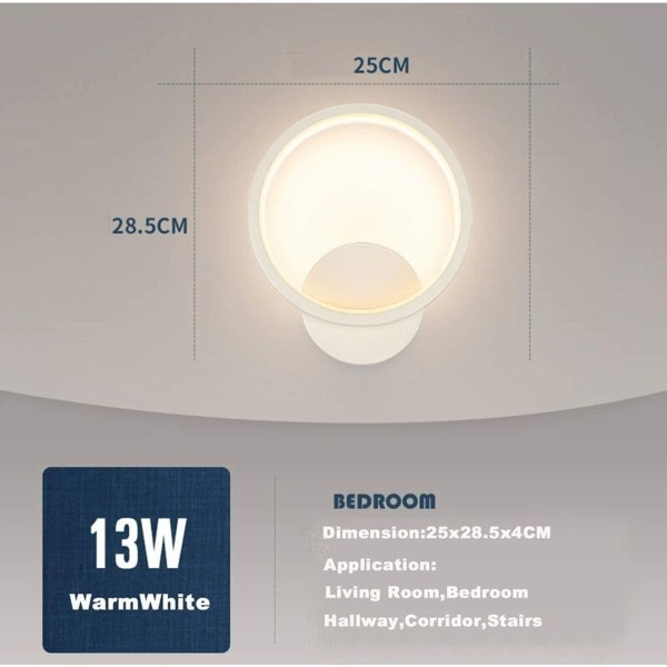 Moderne LED-vegglampe 13 W, varmt hvitt, for soverom, stuer og mer