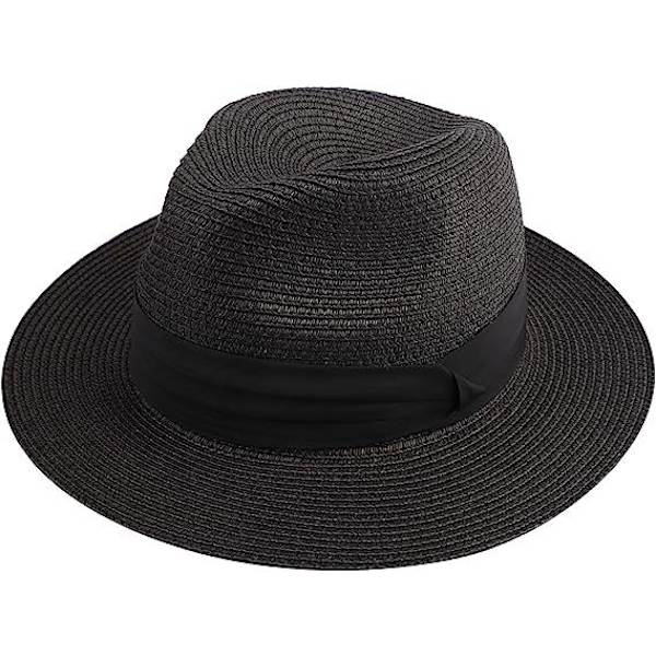 Svart stråhatt for kvinner og menn, Panama-hatt, sommerhatt med bred brem, solhatt med UV-beskyttelse for strand, reiser og sol