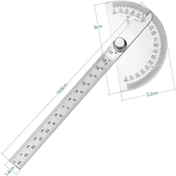 Rustfrit stål vinkelmåler med 0180 målearm og 140 mm lineal