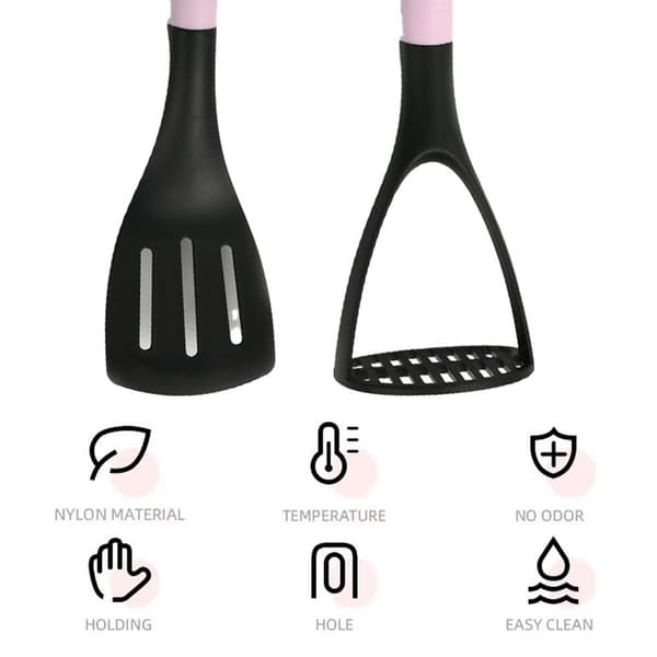 Rosa nylonspatel, non-stick stekpanna, speciell matsil, stekspade + potatispress KLB