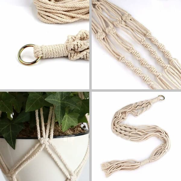 Hängande repväxt Macrame, bomullsrep Macrame blomkorg hängande kvist blomkruka hängande planter för heminredning, kontorsträdgård, 4 ben KLB