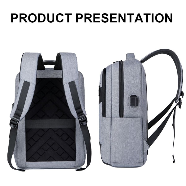 Laptop-ryggsäck, affärsryggsäck med USB-laddningsport, grå