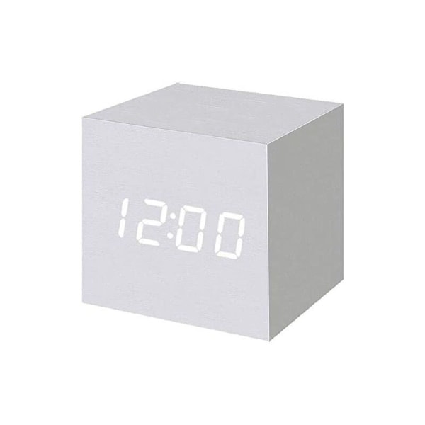 Trä LED digital väckarklocka, digital kubklocka med datum och temperaturvisning,