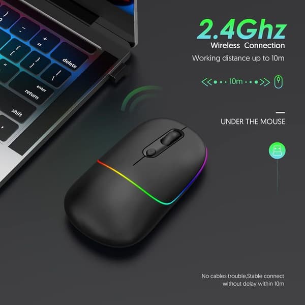 Trådlös LED-mus, laddningsbar tyst RGB-belysning dator
