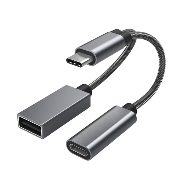 2-i-1 USB Type-C til USB-adapter (OTG-kabel + strømledning) Grå