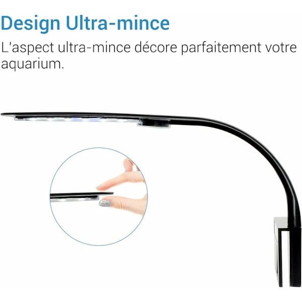 Ultra-tynd LED-lys til lille akvarium, mini akvarium klemmelampe med 24 LED'er hvidt og blåt lys til 30-40 cm akvarium, 10 W (sort) KLB