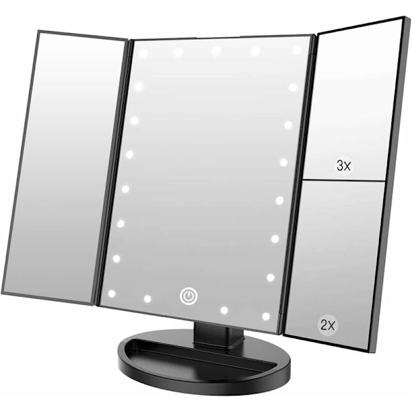 Makeup spejl med 22 LED-lys, dobbelt strømforsyning 2X/3X LED-belyste forstørrelsesspejle (sort) KLB