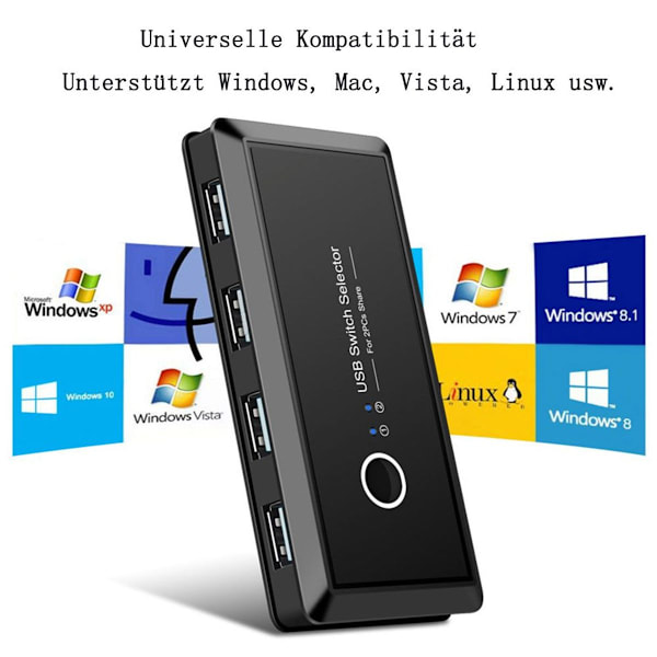 USB-svitsj - 2 inn 4 ut for PC-deler - Svart, 480 Mbps - Windows, Mac, Linux