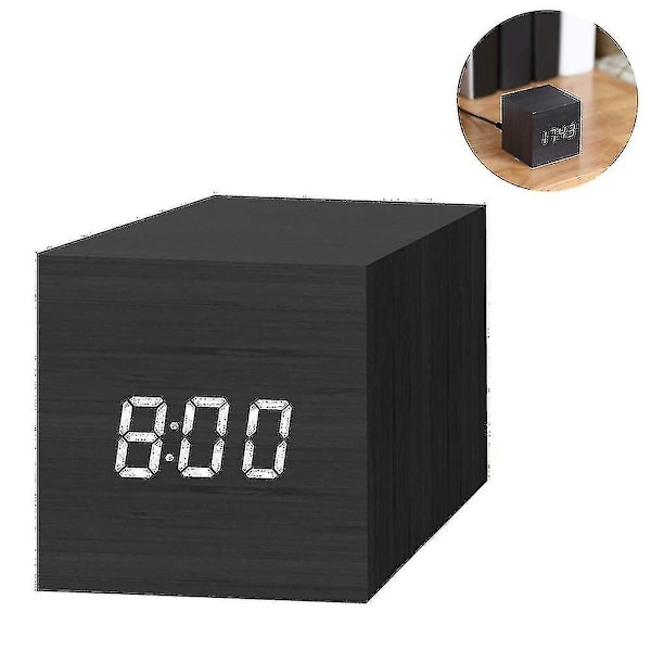 Mini modern träkub-väckarklocka med LED-lampa för barn och resor