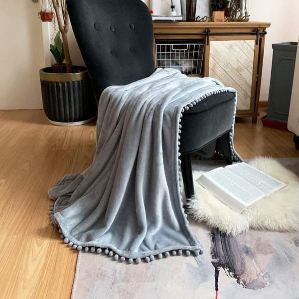 Flannel tæppe, pomponer, hyggeligt tæppe, sofa tæpper - fleece tæppe til sofa, hvid