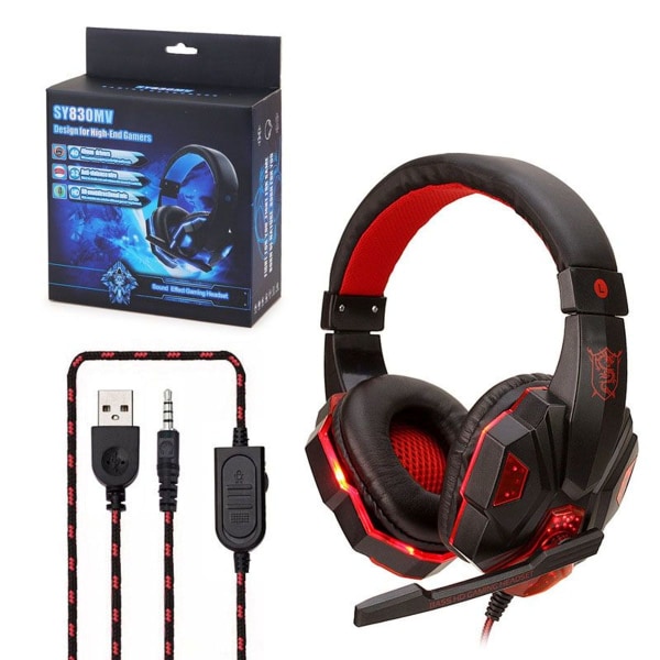 RGB gaming headset med stereo surround sound, PS4 sort-rød