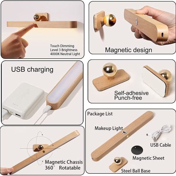 LED kylpyhuonepeili 4W USB ladattava kevyt puukaappi valo kosketushimmennettävä