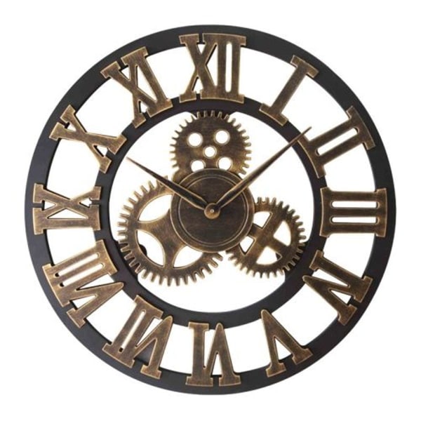 Retro rund klokke med ett gir av tre romertall veggklokke-35 cm (gylden)