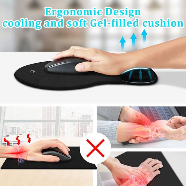 2-pack ergonomiska musmattor med bekvämt handledsstöd i svart