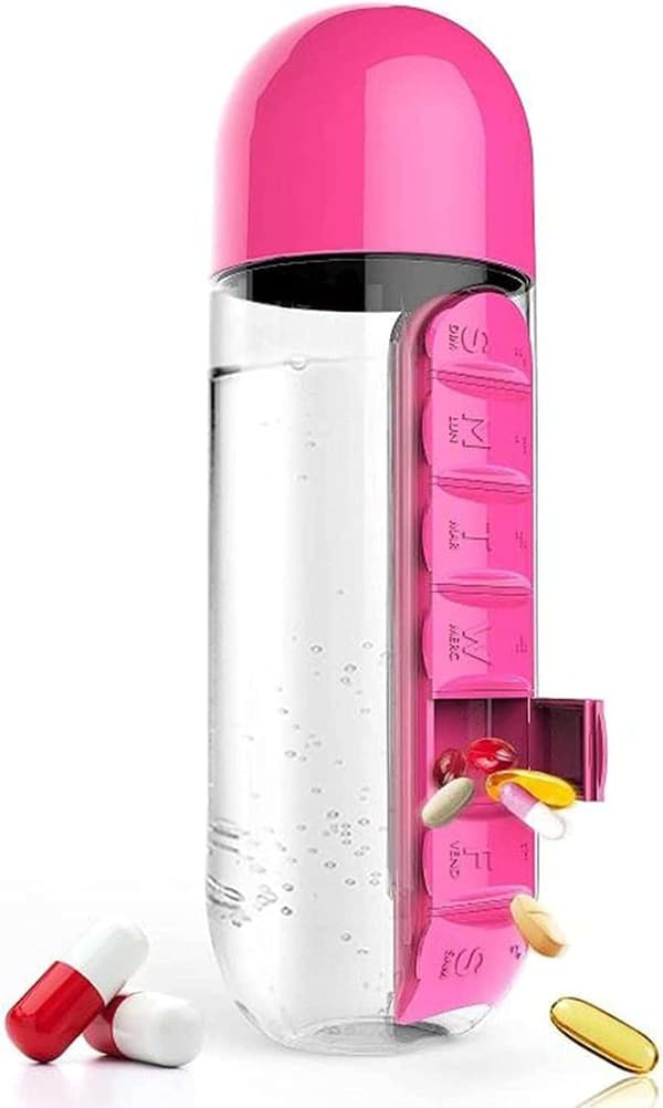 Kätevä 2-in-1 pillerirasia/pullo - 600 ml (pinkki ja musta)