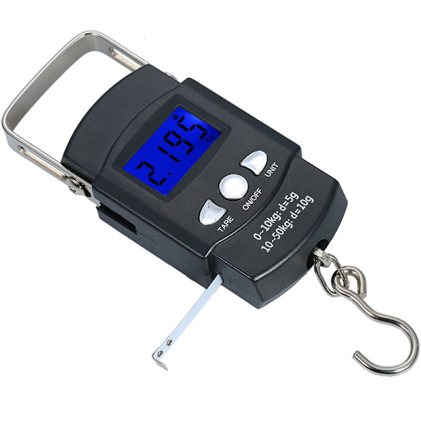 Kantava elektroninen vaaka, 50 kg:n LCD-taustavalaistu digitaalinen kalavaaka, koukkuun ripustettava vaaka mittanauhalla (paristot mukana) KLB