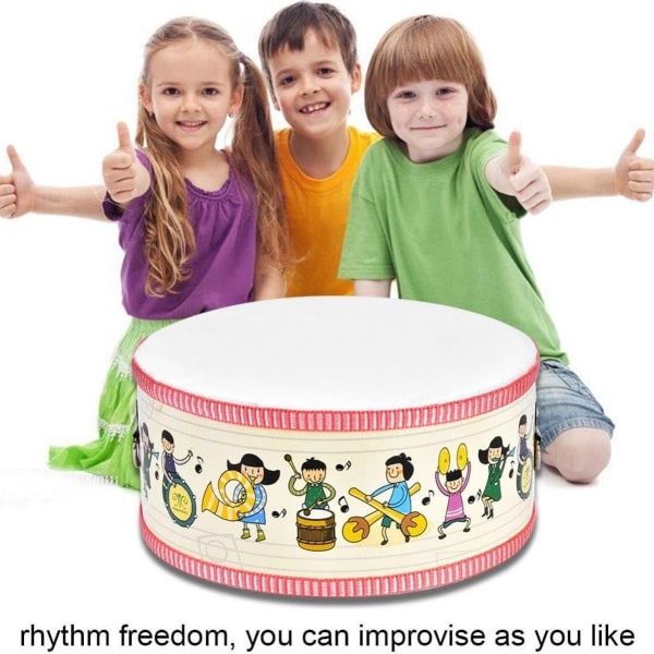 Trommesett for barn i tre med bærestropp musikalsk lekeslagverk KLB