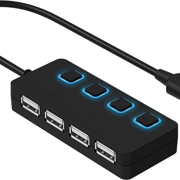 4-porters USB 2.0 datahub med individuelle LED-belyste strømknapper