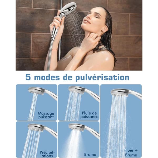 Dusjhode 5 moduser Flyttbar Hånddusj Dusjhode + Fleksibel Dusjslange Rustfritt Stålslange 1,5 M KLB