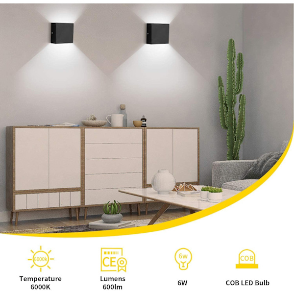 2 stk. indendørs LED-væglampe, 6W moderne indendørs væglampe i aluminium til stue, soveværelse, badeværelse, køkken, spisestue