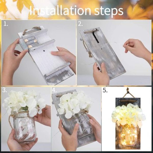 Pakke med 2 LED-lyslenker, vintage mason jar vegglampe med kunstige blomster