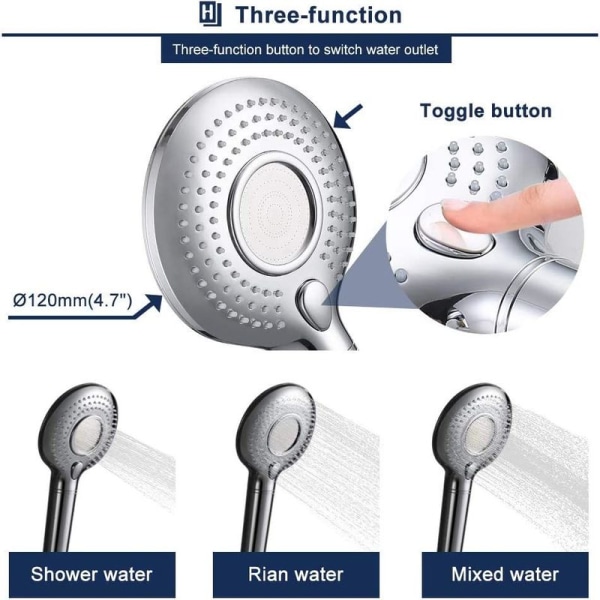 Rund hånddusj, krom ABS-plast, tre-funksjons dusjhode, trykknapp dusjhode