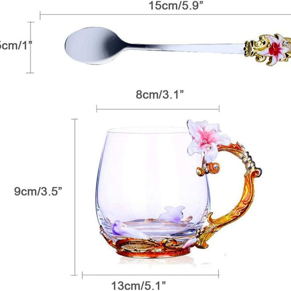 Emaljblommig glaskaffemugg, tekoppar med sked, bäst