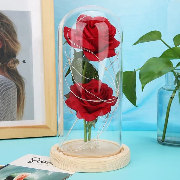 Trefot i tre, glassdeksel, kunstig roseblomstlampe i plast KLB