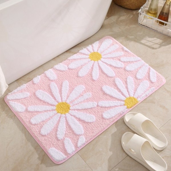 Beige Bademåtte med Hvide Blomster Pulver - 50x80 cm - Skridsikker Bademåtte til Badeværelse i Blød Mikrofiber - Vaskbar i M-