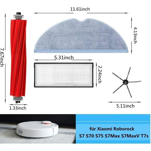 Tilbehør til Roborock S7, reservedeler til Roborock S7, 2 hovedbørster, 4 luftfiltre, 4
