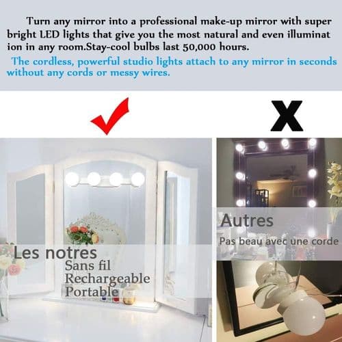 Stykke makeup lys, spejl lys, makeup lys, lysstyrke justerbar, USB/batt