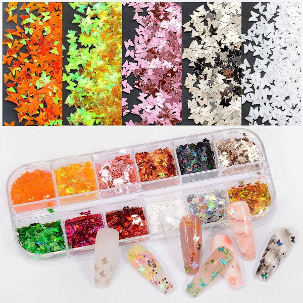3D Holografisk Fjäril Nagelglitter 24 Färger / Set Glittrande Nagelpaljetter Flake KLB