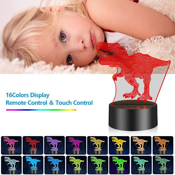 3D Dinosaur Natlampe, LED Strip 3D Illusion Lys Dinosaur Gave 16 Farver