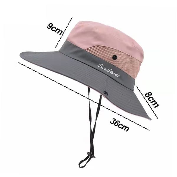 Dam solhatt med hästsvans UV-skydd hopfällbar mesh bred brätte rosa