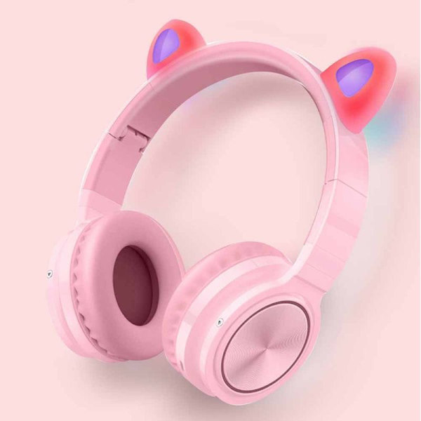Bluetooth-hörlurar Kattöron LED Trådlös Hopvikbar Rosa
