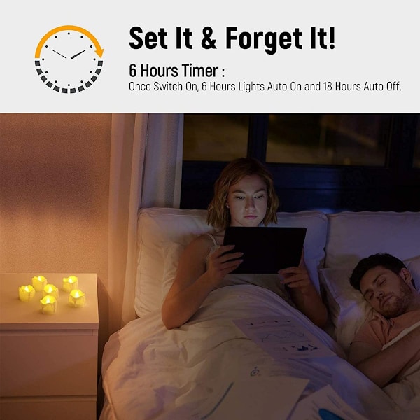 LED-lys med timer, 12-pakning batteridrevne LED-lys, 6 timer på og 18 timer av