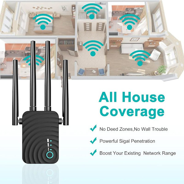 1200 Mbps WiFi-förstärkare Signalförstärkare, Full Coverage Repeater