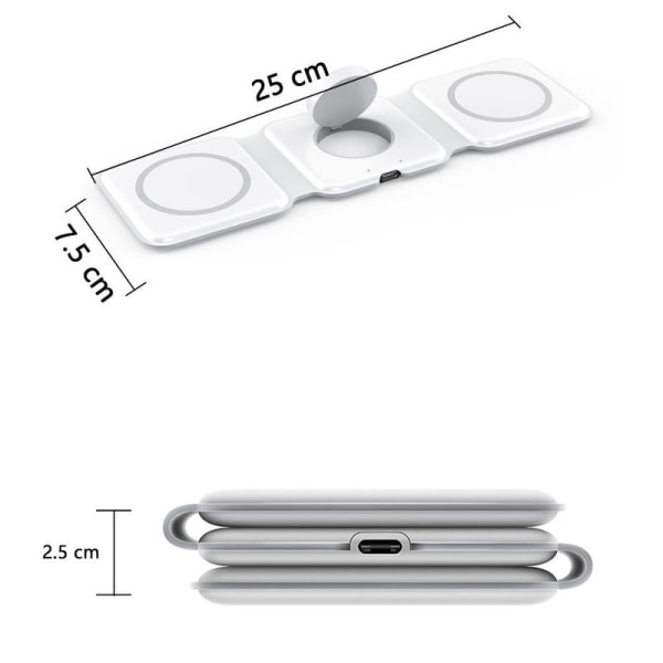 Trådløs ladepute for iPhone sammenleggbar, kompakt 3 i 1 hvit