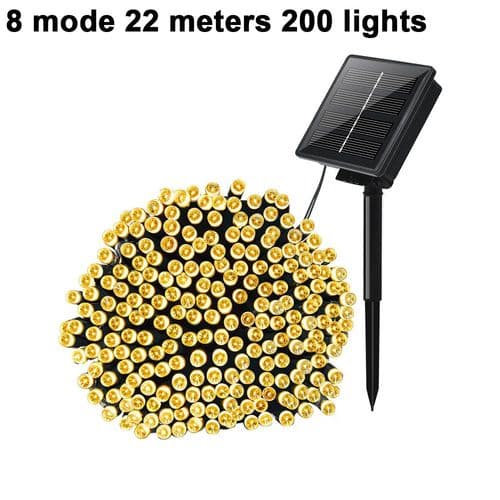 Solcelled lyslenke utendørs, 11,5M 100 LED varm hvit, 8 moduser varm hvit