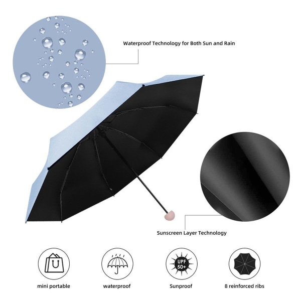 Foldbar Mini Kompakt Paraply, Lommeparaply til Sol og Regn, Lyseblå KLB