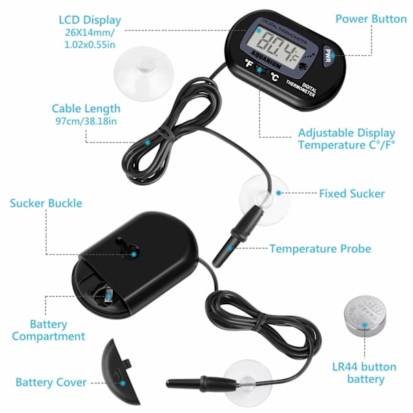 2-pakks digital akvarietermometer LCD fisketank vann terrarium temperatur med sugekopp for skilpadde