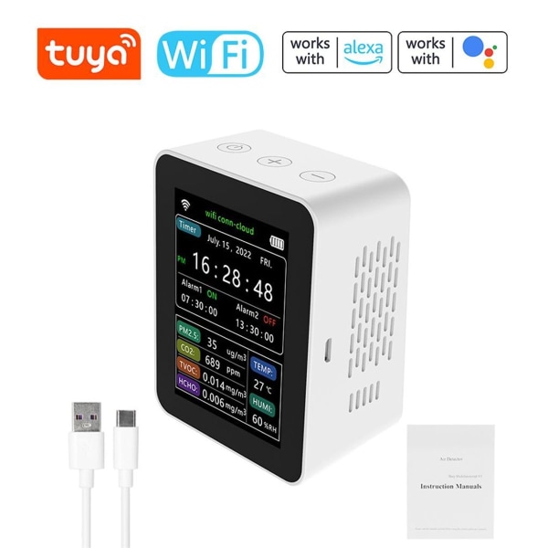 Tuya WiFi 6 i 1 CO2-måler Kuldioxiddetektor PM2.5 TVOC HCHO KLB