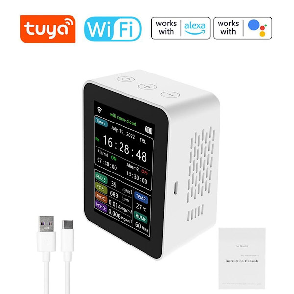 Tuya WiFi 6 i 1 CO2-mätare Koldioxiddetektor PM2.5 TVOC HCHO KLB