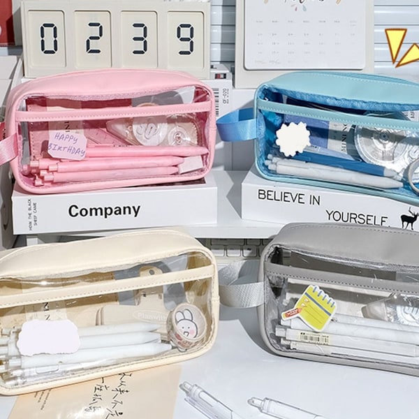 Pennal Etui Transparent Veske Markørveske Multifunksjonell Hvit KLB