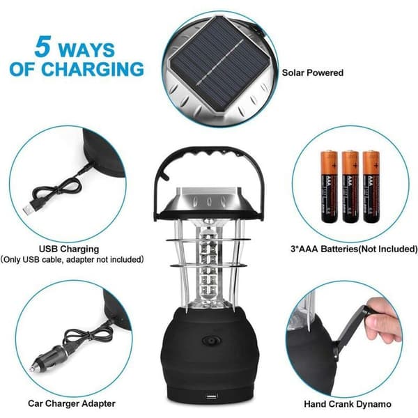 Solcellelykt, ultra-lys LED-campinglys, 2 justerbare lysmoduser, 5 lademoduser