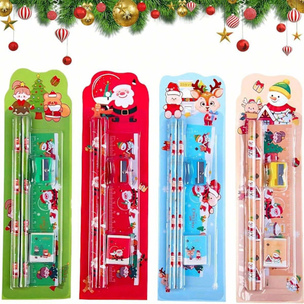 4-pack Papeterie Julgåva Barn Penna Gummisuddgummi Linjal Spetspenna Papeterie Gåva Set Skola för Flickor Pojkar Julsemester (4 Stilar)