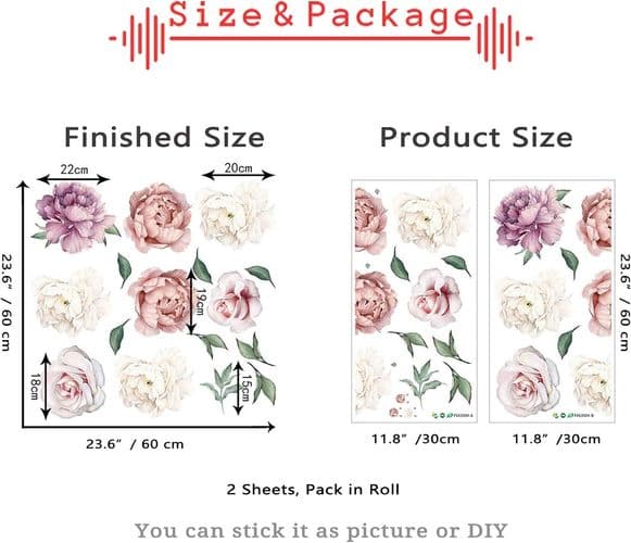Pionväggdekaler, blomväggdekaler, pioner, rosor, blommiga väggdekaler