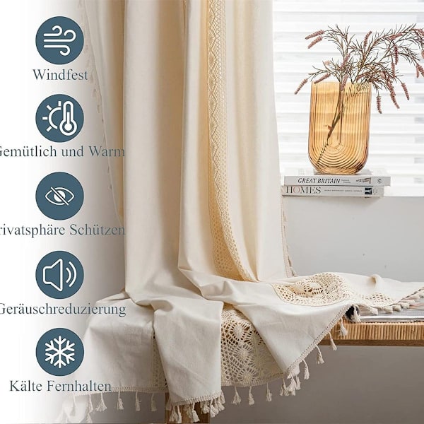 Bistro gardin, boho kort gardin, beige med kvaster, panelgardiner, KLB