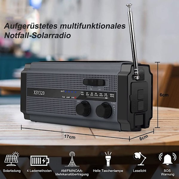 Solcelledrevet radio, AM/FM håndsvingradio, bærbar nødradio med 5000 mAh