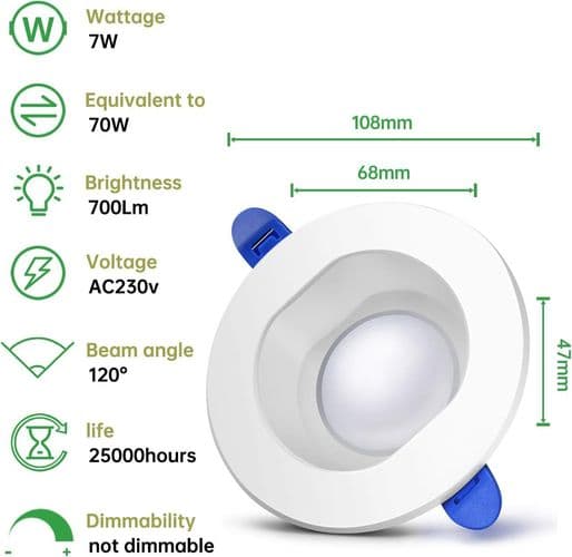Sæt med 6 neutrale hvide LED-indbyggede spotlights, runde LED-badspots